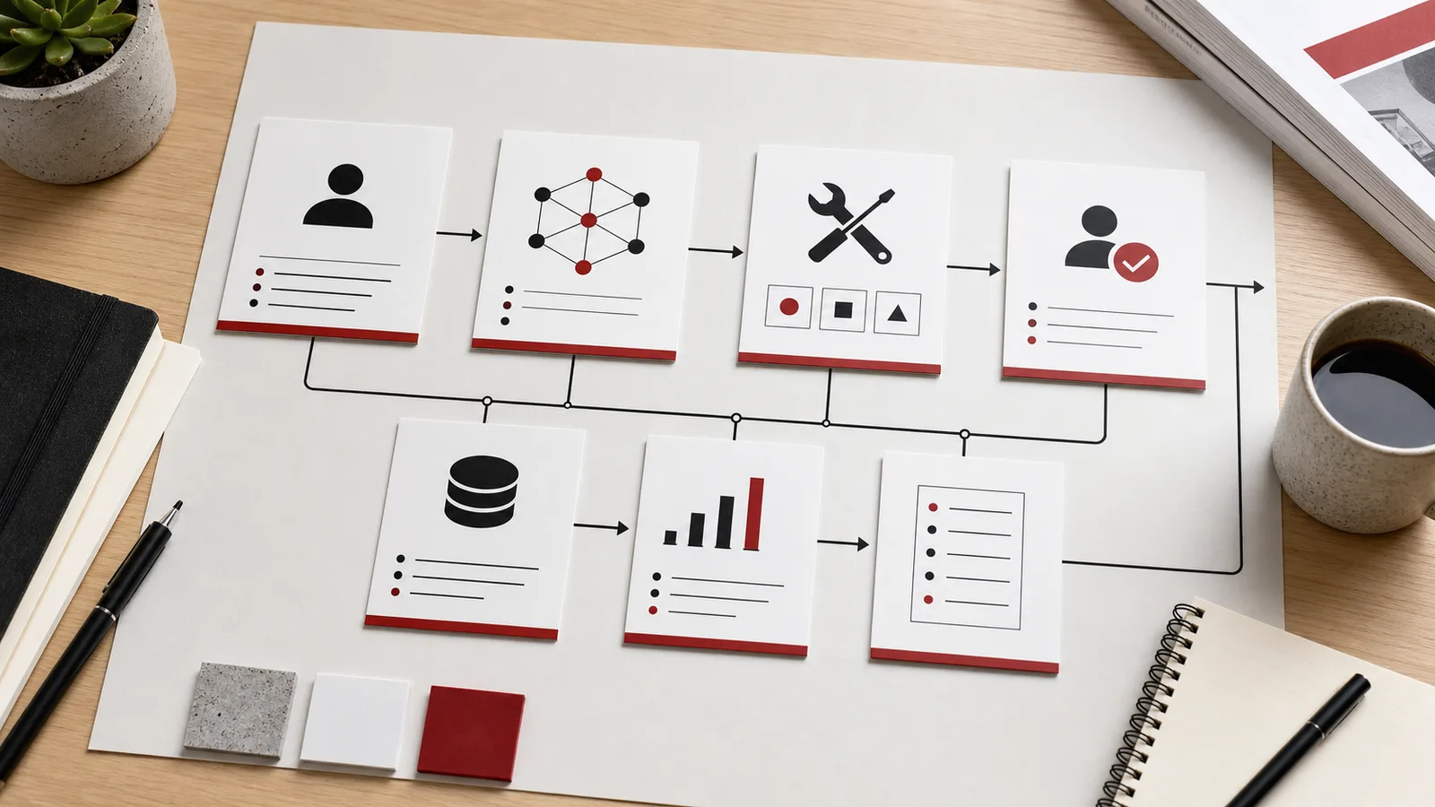 Editorial desk diagram of an AI agent workflow with tools, approvals, memory, and evaluation checkpoints