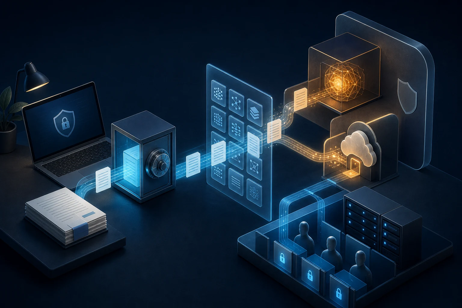 Private document assistant workspace routing files through retrieval to local or cloud models behind desktop and server controls